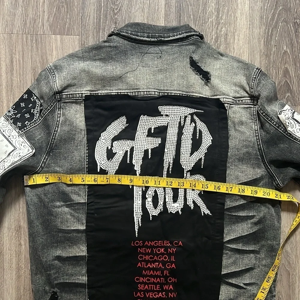 Giftd Tour Black and Red Jean Jacket Bandana Handmade Distressed Denim Large